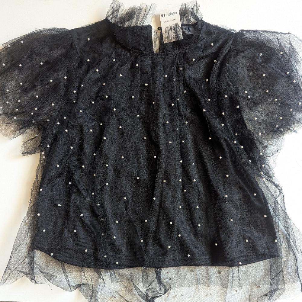 Black Sheer Puff Sleeve Top with Mesh  Overlay & Pearl Accents